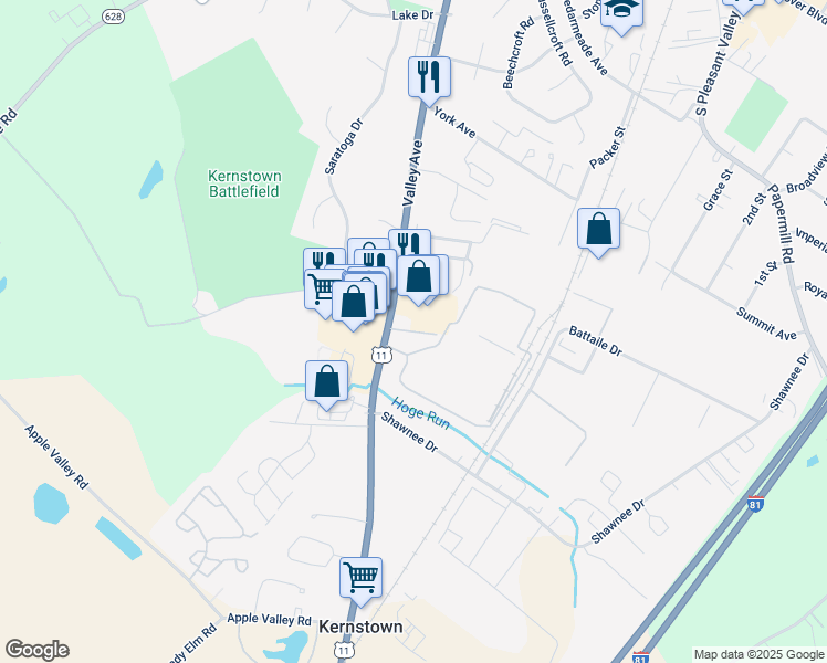 map of restaurants, bars, coffee shops, grocery stores, and more near Brookfield Drive in Winchester
