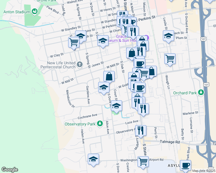 map of restaurants, bars, coffee shops, grocery stores, and more near 270 East Gobbi Street in Ukiah