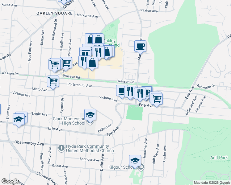 map of restaurants, bars, coffee shops, grocery stores, and more near 3616 Victoria Lane in Cincinnati
