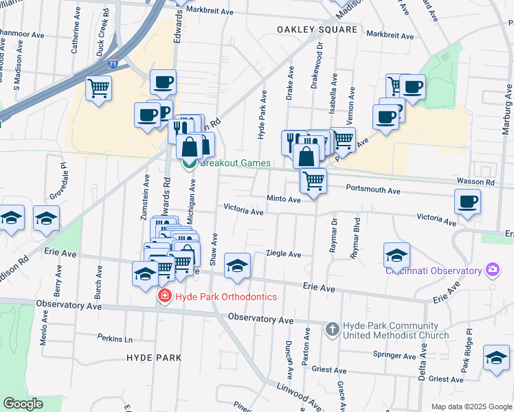map of restaurants, bars, coffee shops, grocery stores, and more near 2822 Victoria Avenue in Cincinnati