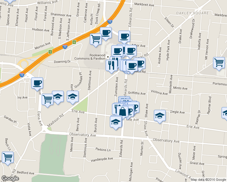 map of restaurants, bars, coffee shops, grocery stores, and more near 3578 Zumstein Avenue in Cincinnati