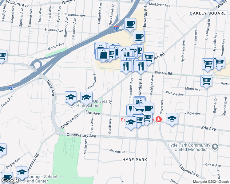 map of restaurants, bars, coffee shops, grocery stores, and more near 3565 Burch Avenue in Cincinnati