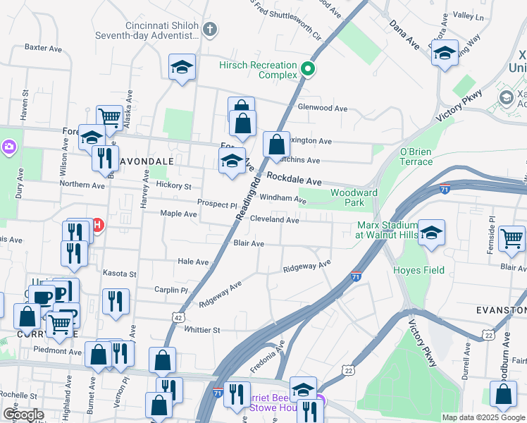 map of restaurants, bars, coffee shops, grocery stores, and more near 822 Cleveland Avenue in Cincinnati