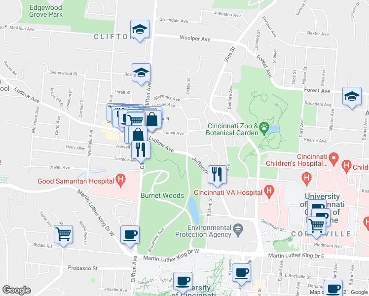 map of restaurants, bars, coffee shops, grocery stores, and more near in Cincinnati