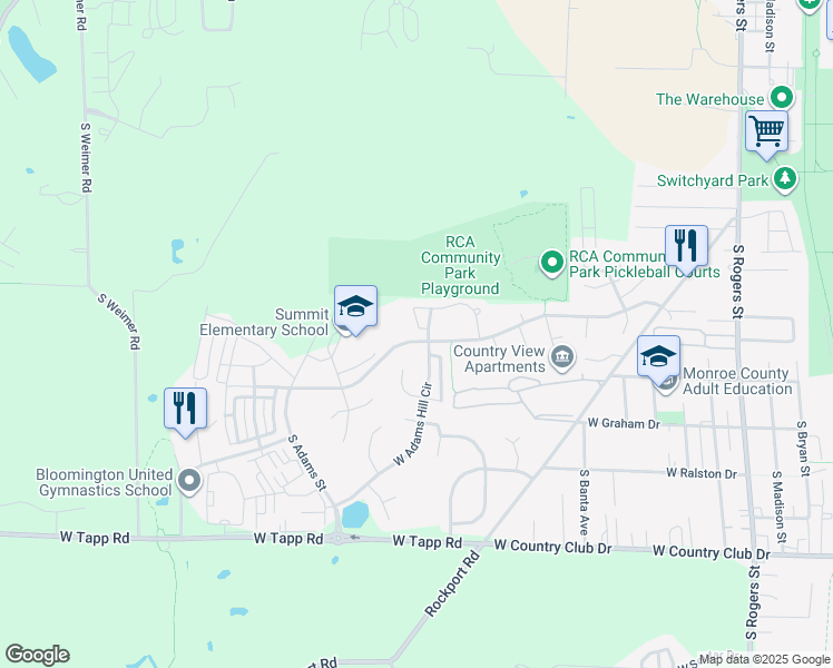 map of restaurants, bars, coffee shops, grocery stores, and more near 106 West Countryside Lane in Bloomington