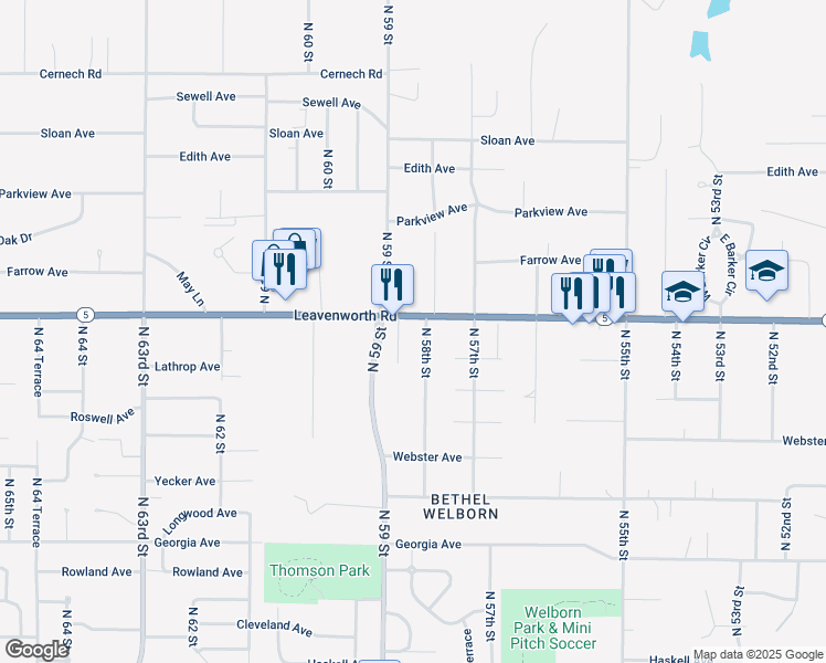 map of restaurants, bars, coffee shops, grocery stores, and more near 3052 North 58th Street in Kansas City