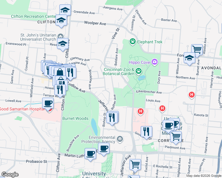 map of restaurants, bars, coffee shops, grocery stores, and more near 3360 Bishop Street in Cincinnati