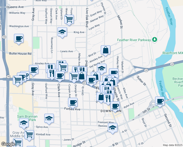 map of restaurants, bars, coffee shops, grocery stores, and more near 938 Chestnut Street in Yuba City