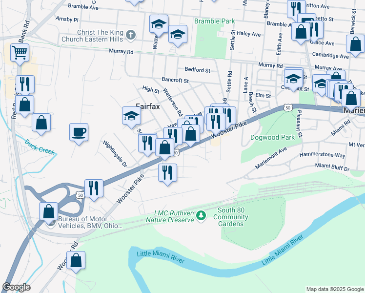 map of restaurants, bars, coffee shops, grocery stores, and more near 5903 Wooster Pike in Cincinnati