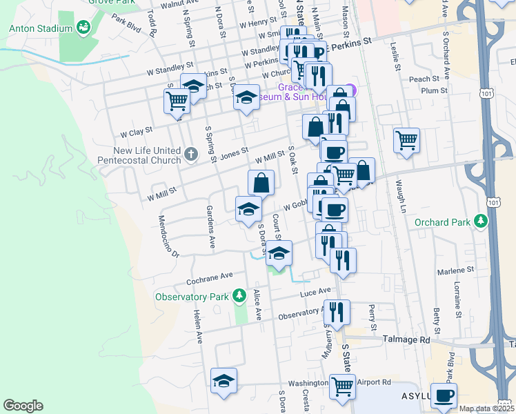 map of restaurants, bars, coffee shops, grocery stores, and more near 790 South Dora Street in Ukiah