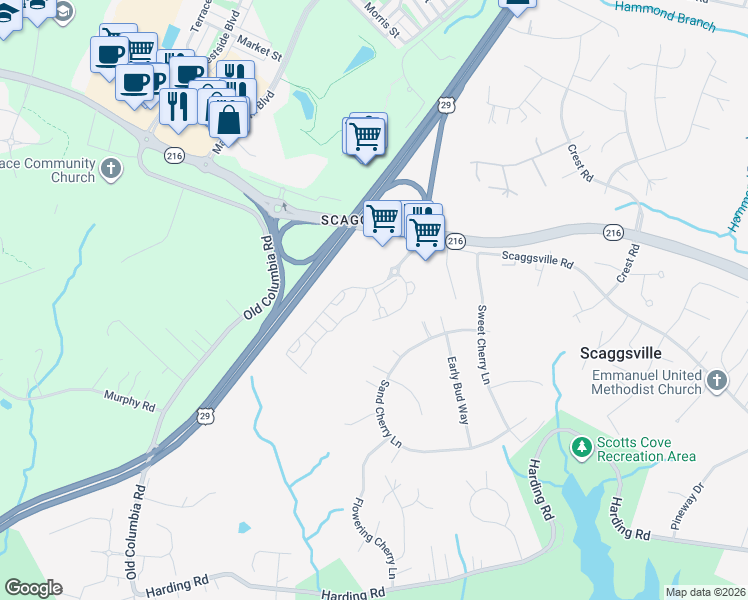 map of restaurants, bars, coffee shops, grocery stores, and more near 11011 Chelsea Way in Laurel