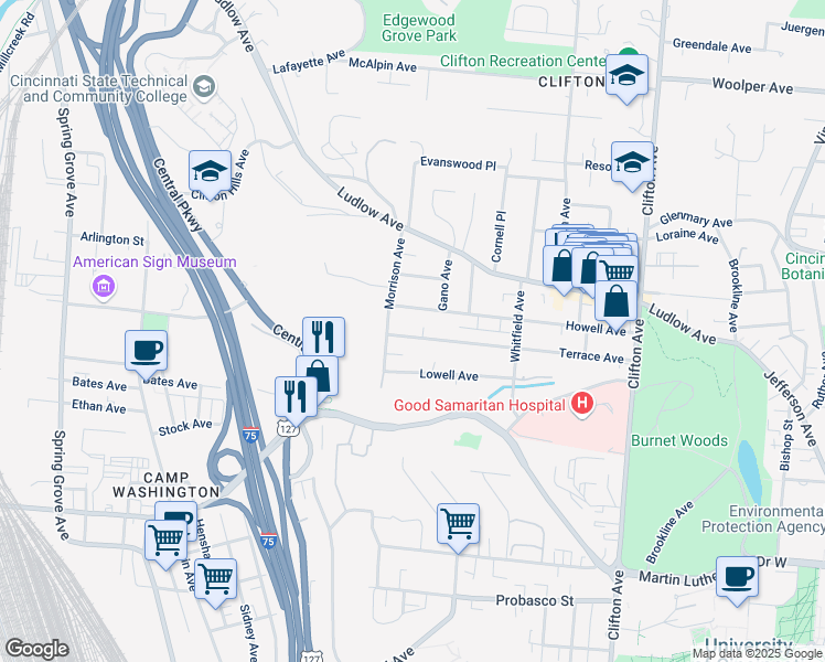 map of restaurants, bars, coffee shops, grocery stores, and more near 590 Terrace Avenue in Cincinnati