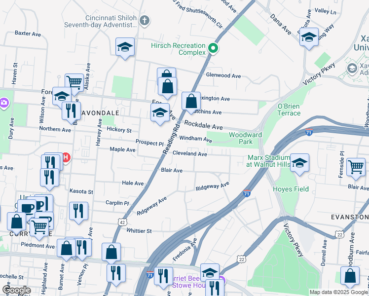 map of restaurants, bars, coffee shops, grocery stores, and more near 822 Cleveland Avenue in Cincinnati