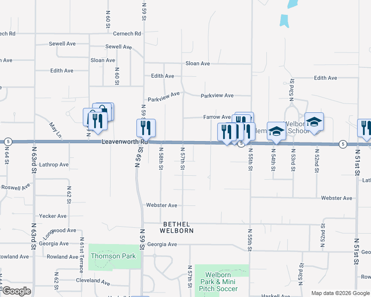 map of restaurants, bars, coffee shops, grocery stores, and more near 3021 North 57 Street in Kansas City
