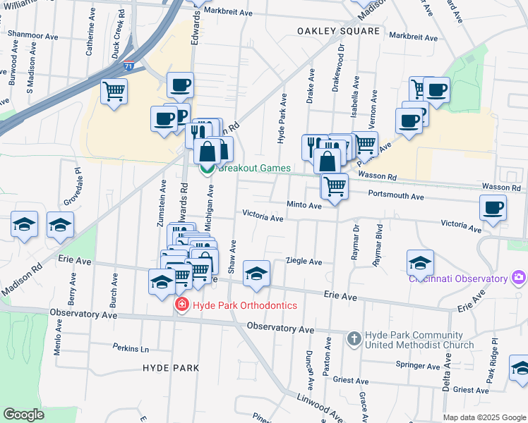 map of restaurants, bars, coffee shops, grocery stores, and more near 2822 Victoria Avenue in Cincinnati