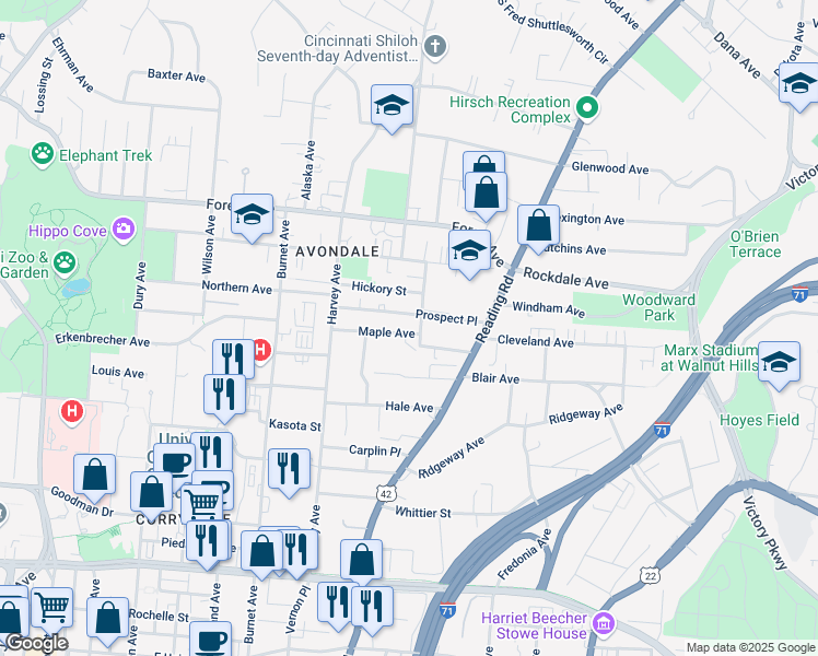 map of restaurants, bars, coffee shops, grocery stores, and more near 568 Maple Avenue in Cincinnati