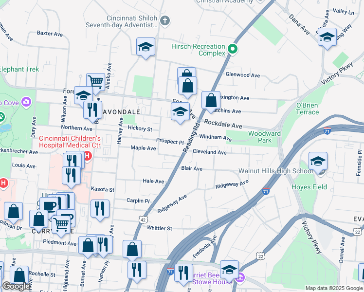 map of restaurants, bars, coffee shops, grocery stores, and more near 3445 Reading Road in Cincinnati