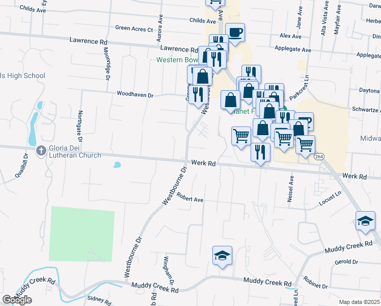map of restaurants, bars, coffee shops, grocery stores, and more near 5420 Werk Road in Cincinnati