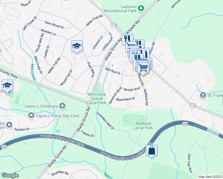 map of restaurants, bars, coffee shops, grocery stores, and more near 7315 Blanchard Drive in Rockville