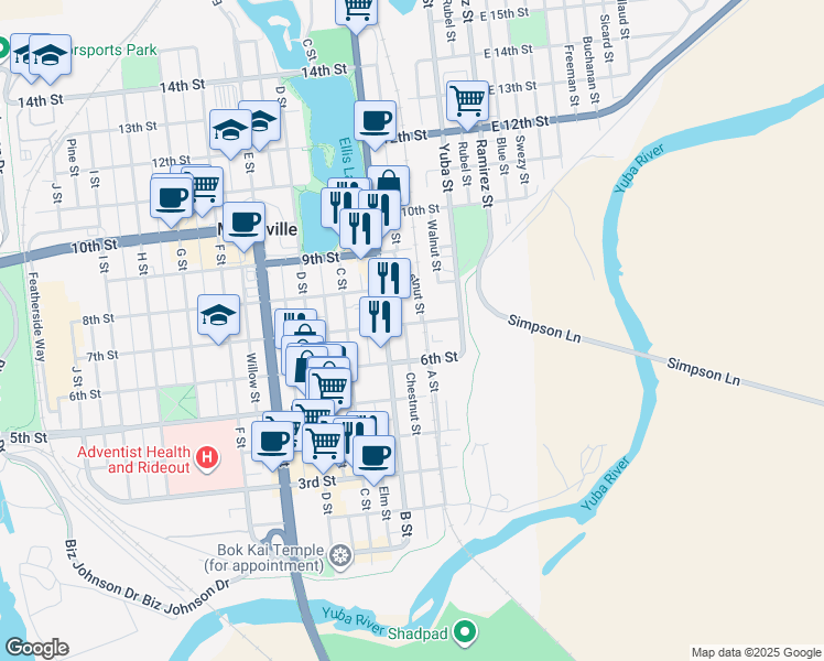 map of restaurants, bars, coffee shops, grocery stores, and more near 622 Chestnut Street in Marysville