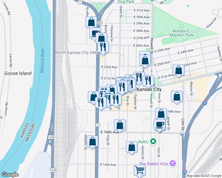 map of restaurants, bars, coffee shops, grocery stores, and more near 216 East 20th Avenue in North Kansas City