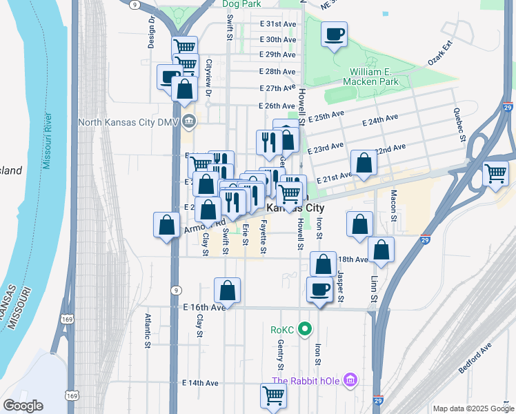 map of restaurants, bars, coffee shops, grocery stores, and more near 420 Armour Road in North Kansas City