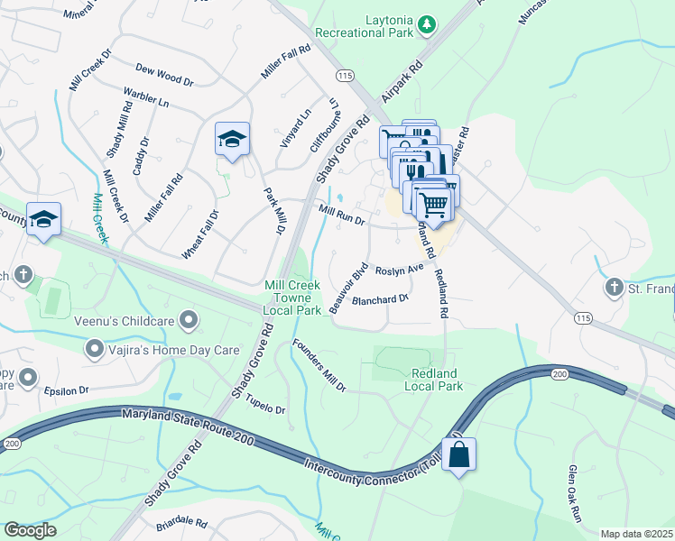 map of restaurants, bars, coffee shops, grocery stores, and more near 7315 Blanchard Drive in Rockville