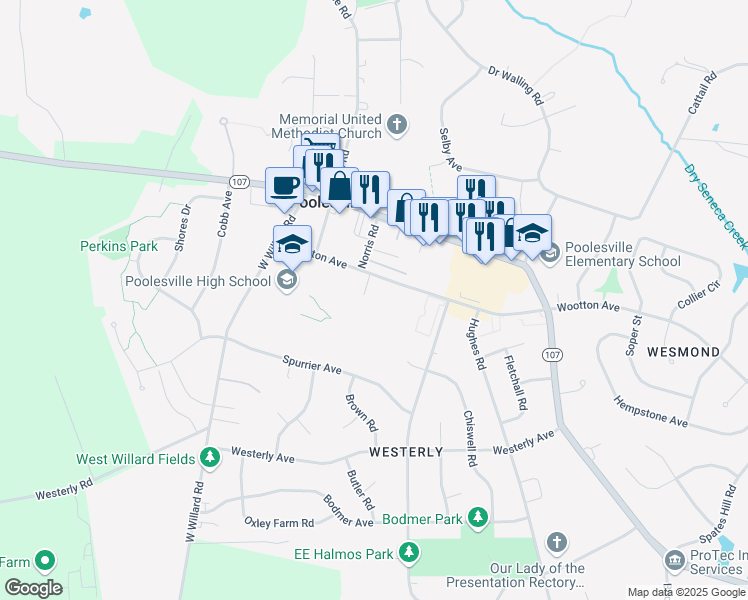 map of restaurants, bars, coffee shops, grocery stores, and more near 19872 Beatriz Avenue in Poolesville