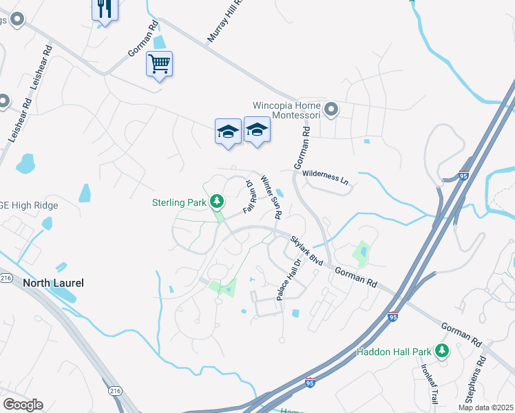map of restaurants, bars, coffee shops, grocery stores, and more near 10028 Fall Rain Drive in Laurel