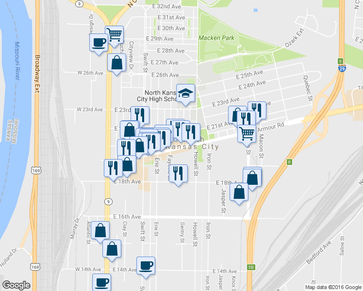 map of restaurants, bars, coffee shops, grocery stores, and more near 520 Armour Rd in Kansas City