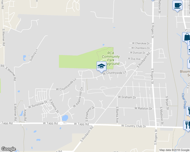 map of restaurants, bars, coffee shops, grocery stores, and more near 1234 West Countryside Lane in Bloomington