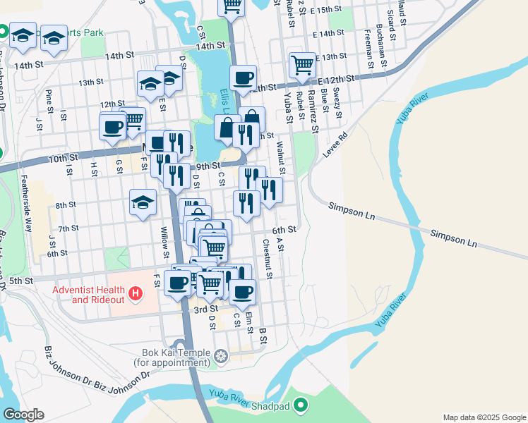 map of restaurants, bars, coffee shops, grocery stores, and more near 622 Chestnut Street in Marysville