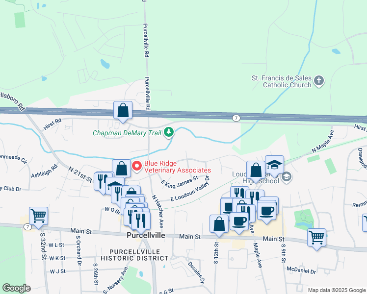 map of restaurants, bars, coffee shops, grocery stores, and more near 413 North Mohawk Court in Purcellville