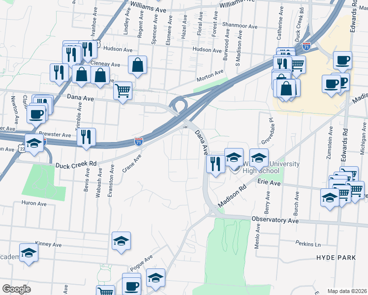 map of restaurants, bars, coffee shops, grocery stores, and more near 3555 Potomac Avenue in Cincinnati