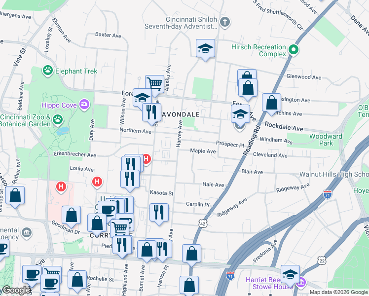 map of restaurants, bars, coffee shops, grocery stores, and more near 3340 Harvey Avenue in Cincinnati