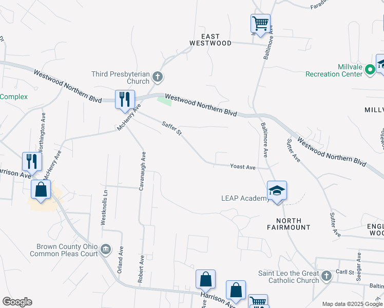 map of restaurants, bars, coffee shops, grocery stores, and more near 3147 Saffer Street in Cincinnati