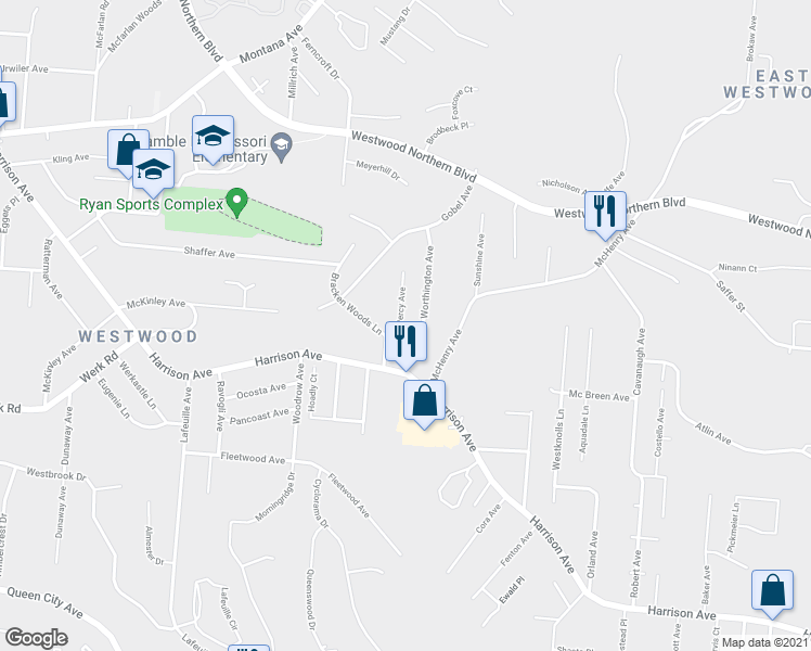 map of restaurants, bars, coffee shops, grocery stores, and more near 3033 Percy Avenue in Cincinnati