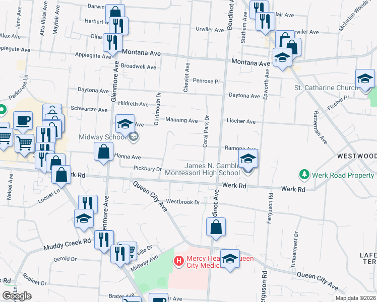 map of restaurants, bars, coffee shops, grocery stores, and more near 3053 Coral Park Drive in Cincinnati