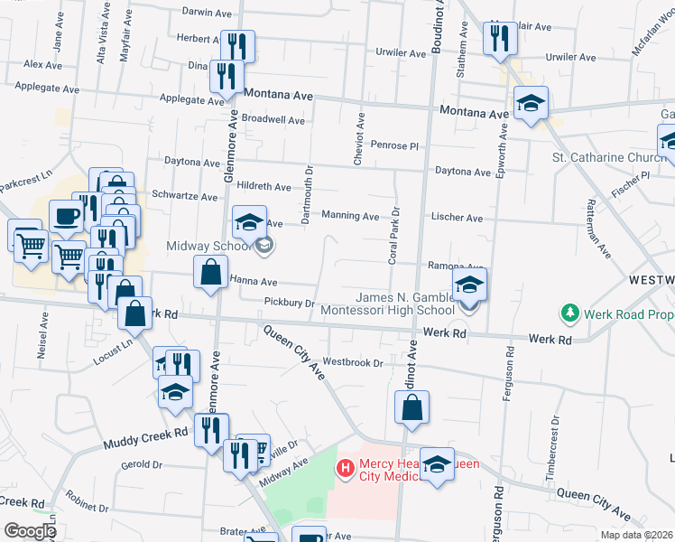 map of restaurants, bars, coffee shops, grocery stores, and more near 3150 Hanna Avenue in Cincinnati