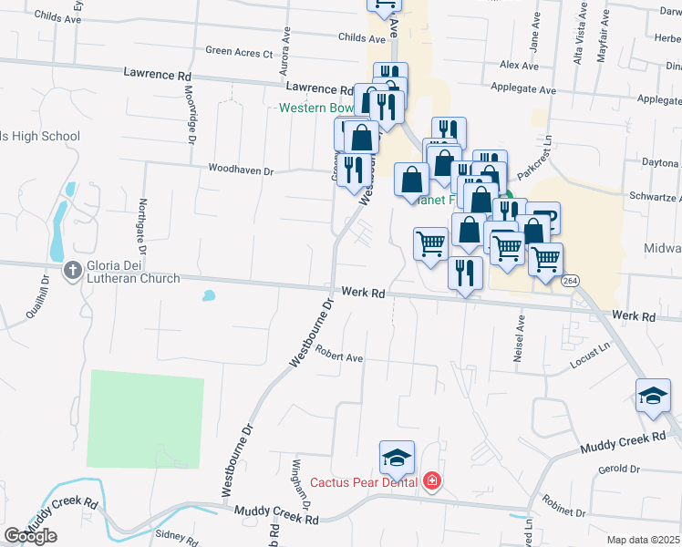 map of restaurants, bars, coffee shops, grocery stores, and more near 5420 Werk Road in Cincinnati