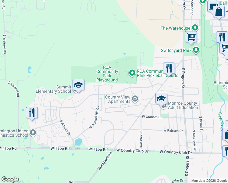 map of restaurants, bars, coffee shops, grocery stores, and more near 1234 West Countryside Lane in Bloomington