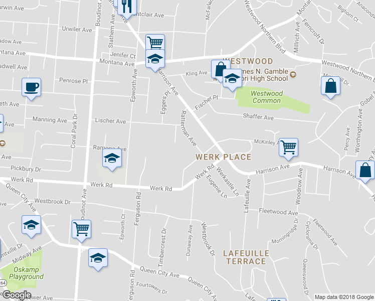 map of restaurants, bars, coffee shops, grocery stores, and more near 3016 Ratterman Avenue in Cincinnati