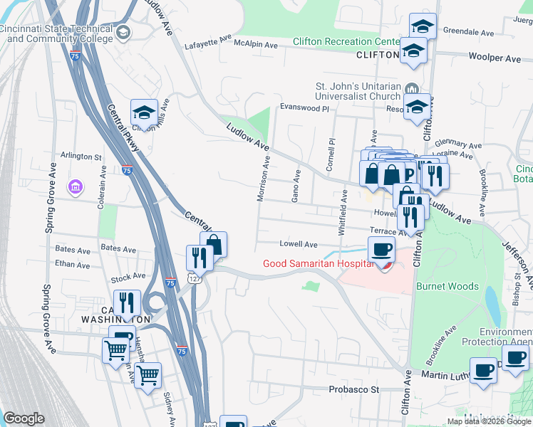 map of restaurants, bars, coffee shops, grocery stores, and more near 590 Terrace Avenue in Cincinnati