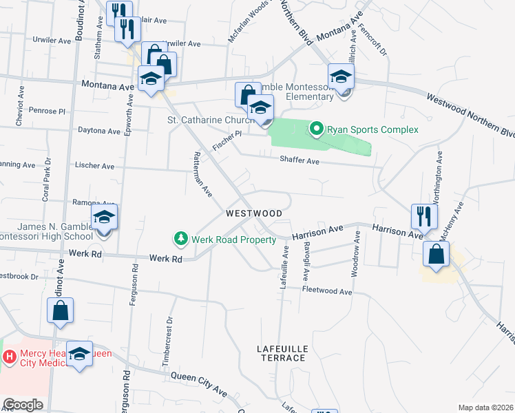 map of restaurants, bars, coffee shops, grocery stores, and more near in Cincinnati