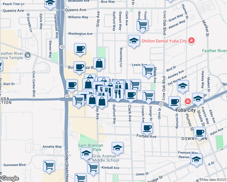 map of restaurants, bars, coffee shops, grocery stores, and more near 769 Wilwick Way in Yuba City
