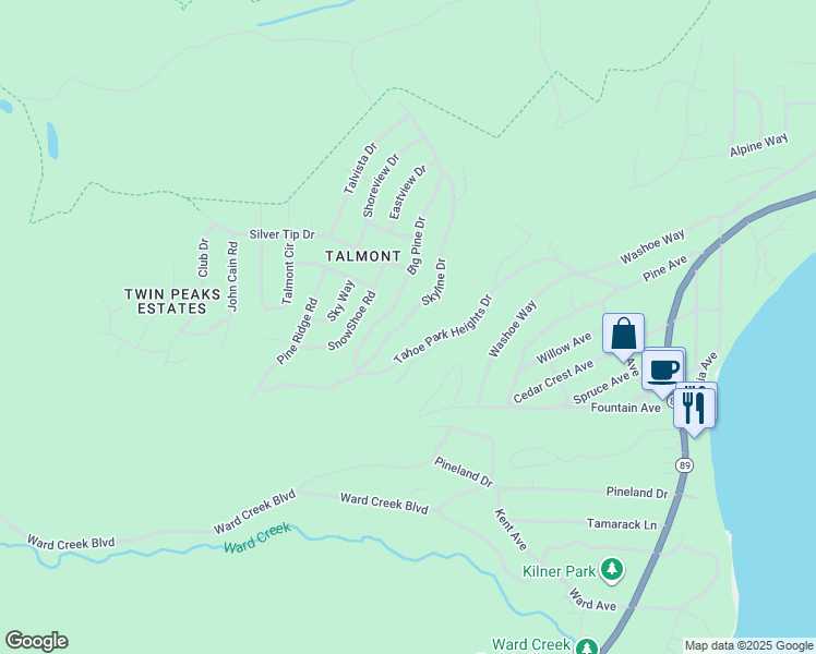 map of restaurants, bars, coffee shops, grocery stores, and more near 945 Skyline Drive in Tahoe City
