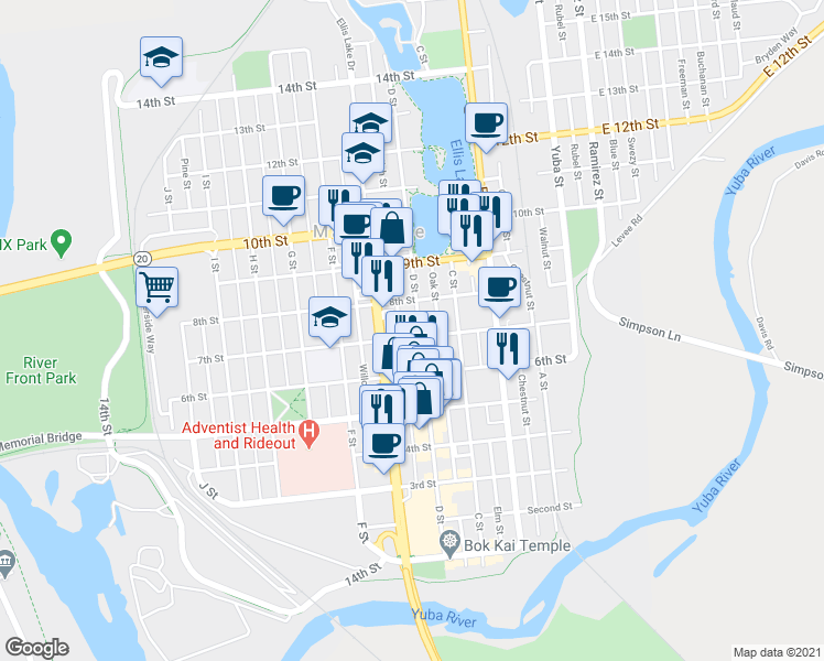 map of restaurants, bars, coffee shops, grocery stores, and more near 704 D Street in Marysville