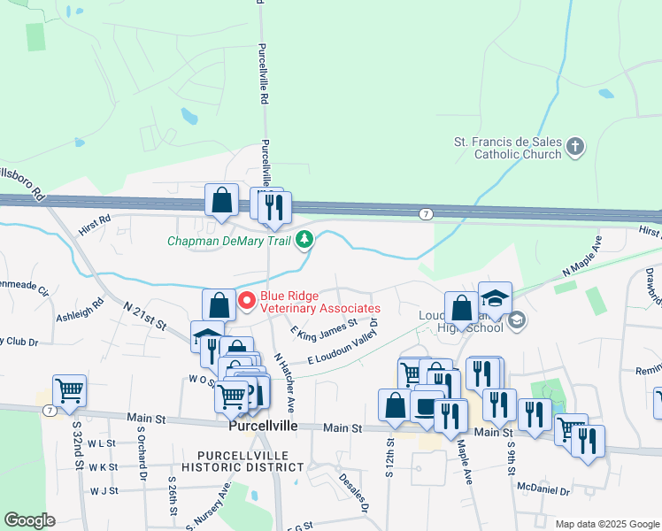 map of restaurants, bars, coffee shops, grocery stores, and more near 413 North Mohawk Court in Purcellville