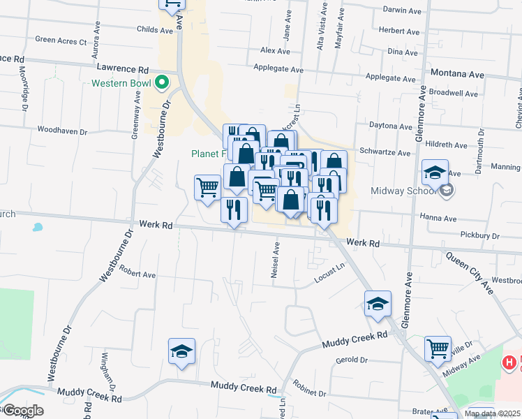 map of restaurants, bars, coffee shops, grocery stores, and more near 6165 Glenway Avenue in Cincinnati