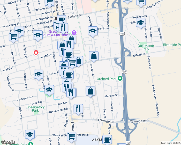 map of restaurants, bars, coffee shops, grocery stores, and more near 754 Waugh Lane in Ukiah